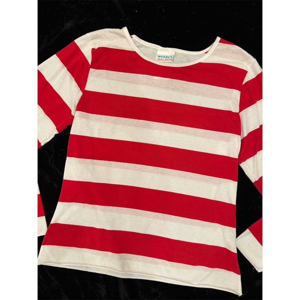 Where's Waldo Shirt Adult L XL Red & White Striped Long Sleeve Crew Neck